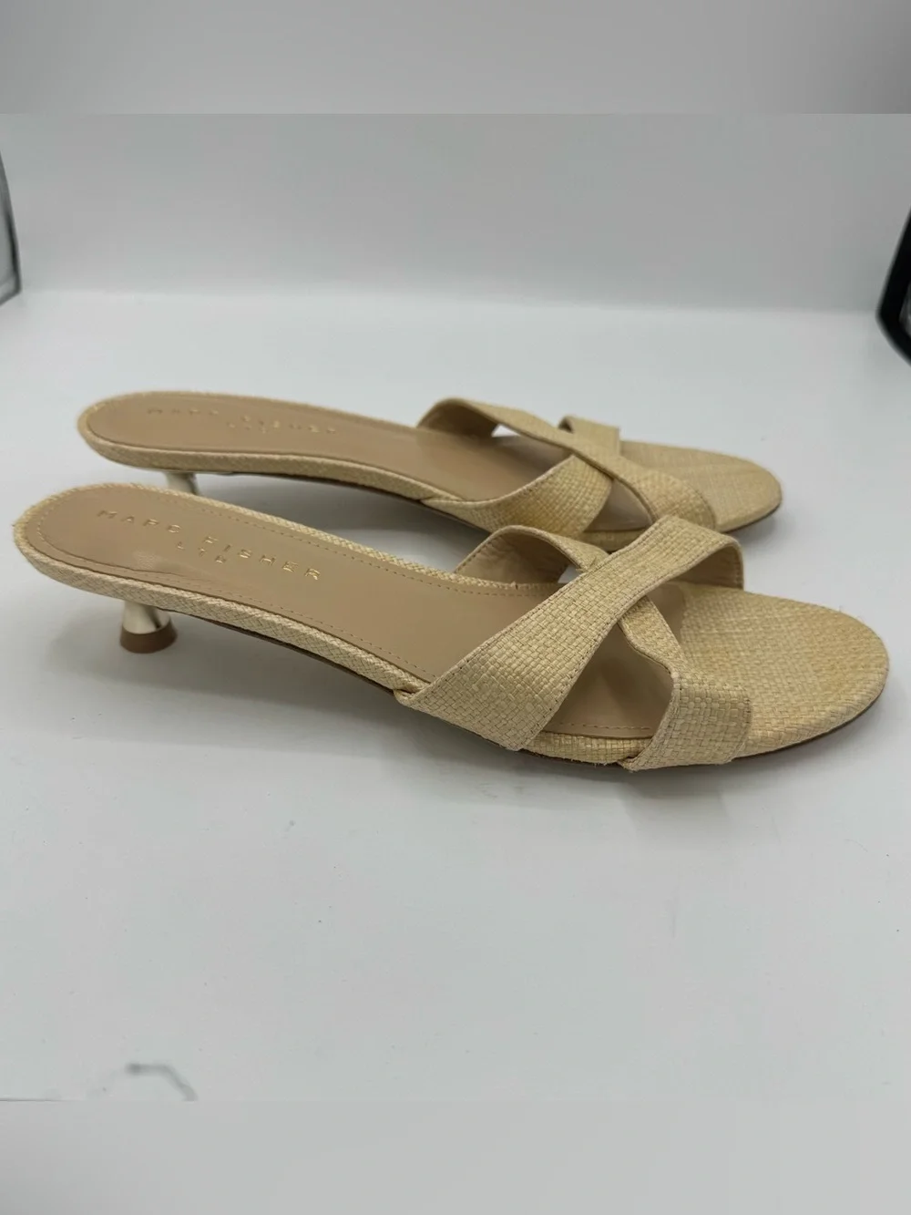 Marc Fisher Tracey Raffia Gold Kitten Heel Slide Sandal size 9 wedding event